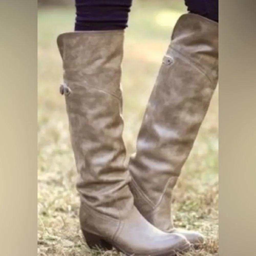 FRYE Jane Western Riding Knee High cuff heeled Boot in Gray Burnished Antique